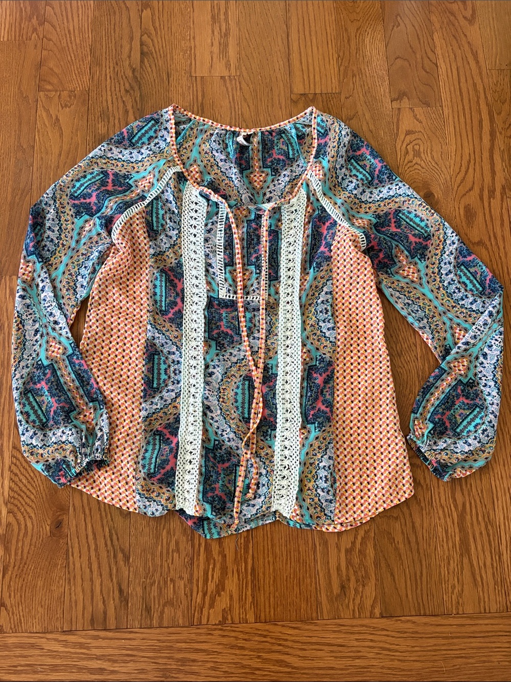 Boho Peasant Blouse in Teal & Coral - Lightweight Women's Top